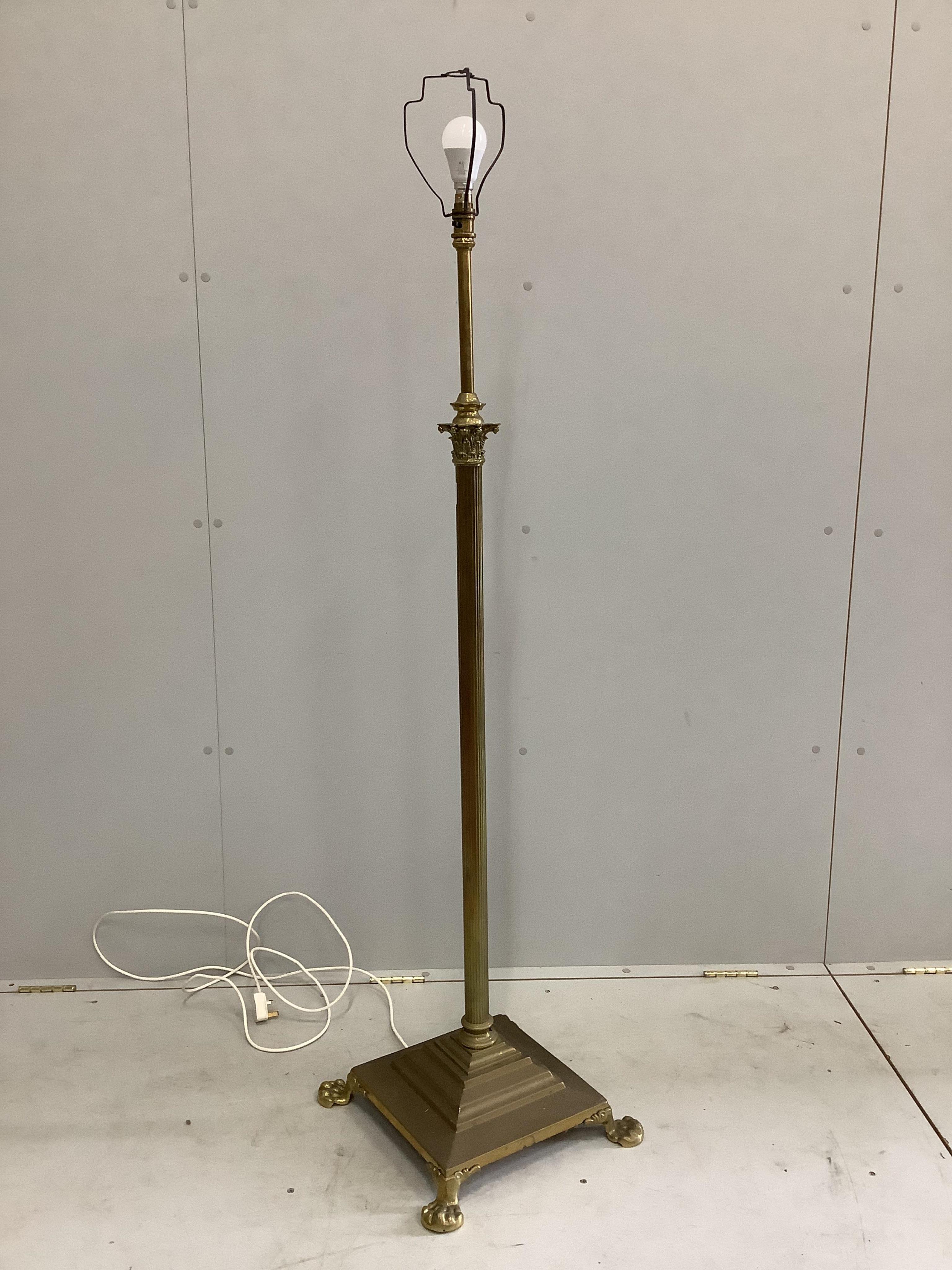 An Edwardian brass Corinthian column standard lamp, height including shade 172cm